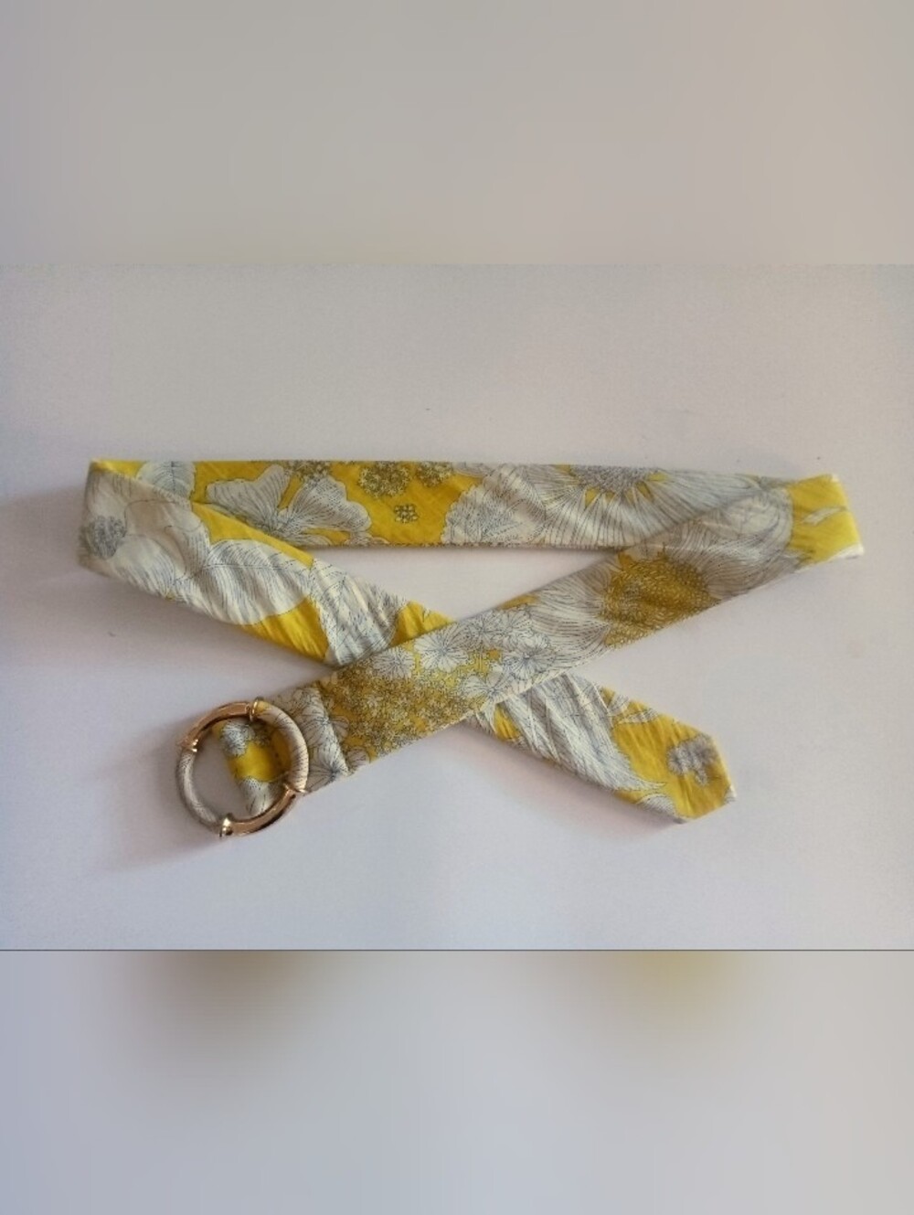 VTG J Crew Yellow Floral-Print Cotton Fabric Belt Gold Tone O-Ring Buckle Sz S/M